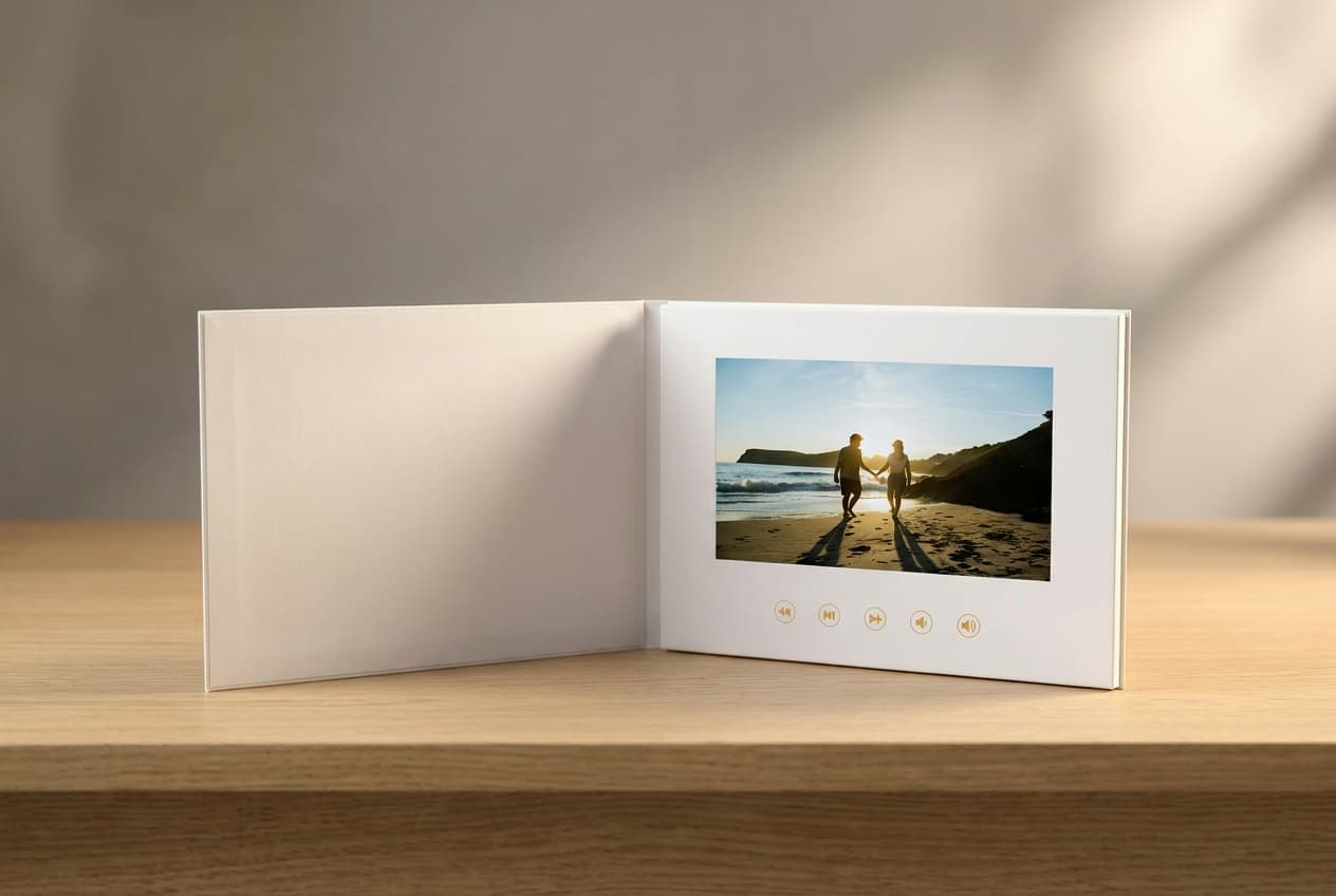 Videobook keepsake โ hardback book open with the video playing on the built-in screen